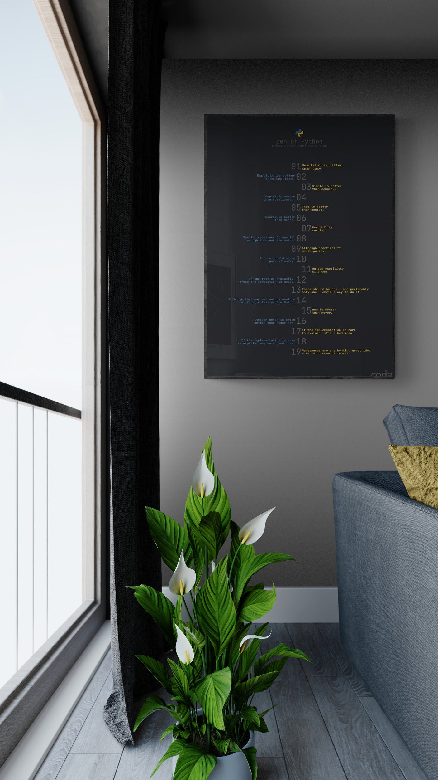 Zen of Python poster in a studio living room