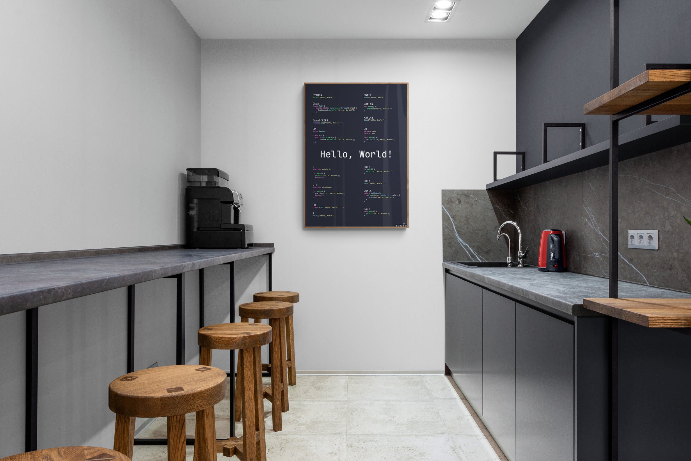 Hello, World! (Dracula) poster on a kitchen wall