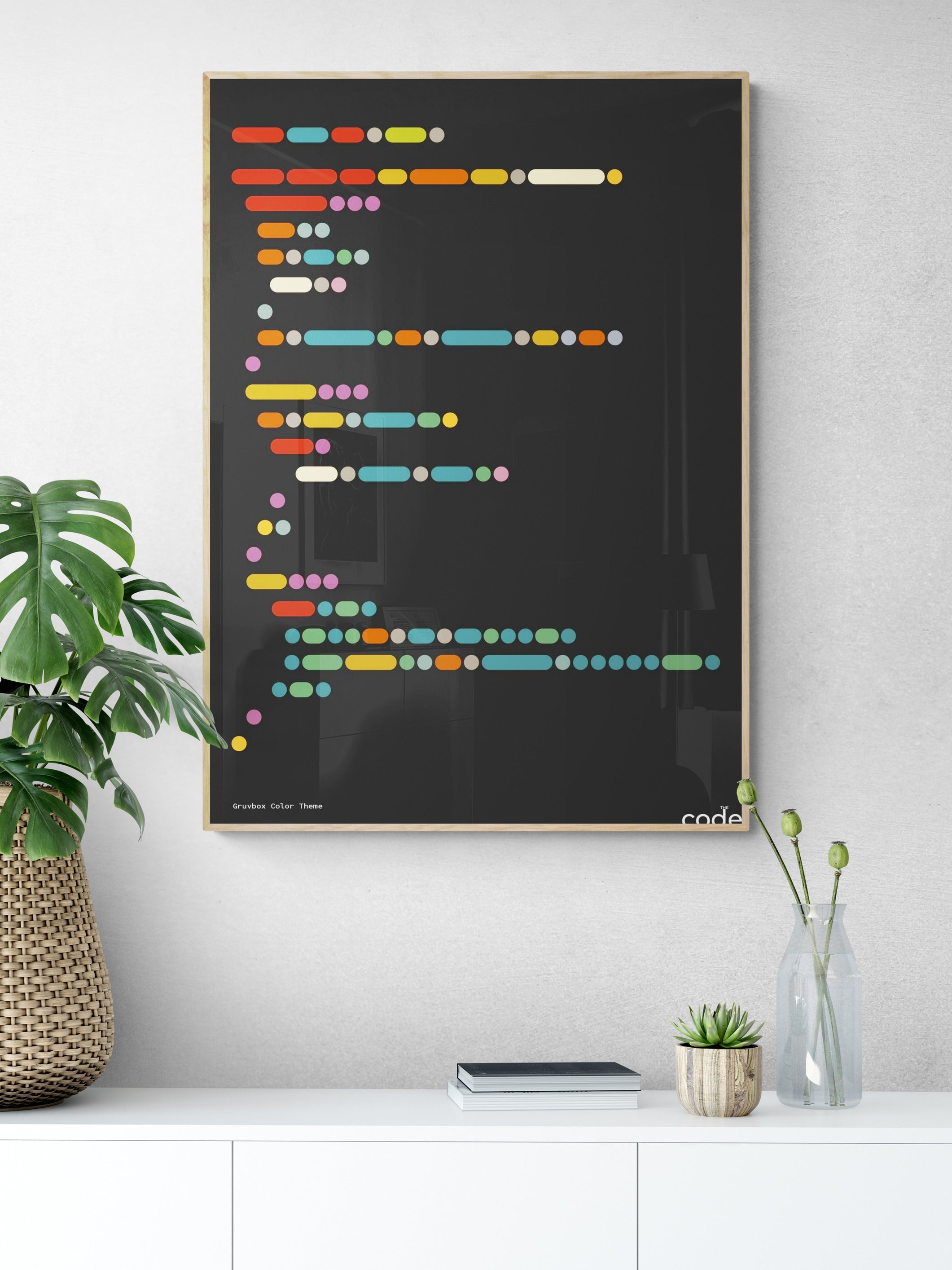 gruvbox Color Theme poster above a white cabinet